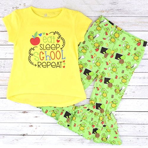 Image of Unique Baby 2 Piece Girls Double Ruffle Leggings Outfit with Short Sleeve Shirt Kid and Toddler Clothes Set