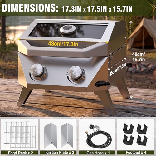 Image of Bestfire 2-Burner Tabletop Gas Grill with Viewing Glass Lid, 20,000 BTU Stainless Steel Portable Propane BBQ Grill, Built-in Thermometer & Push-Button Ignition, for Outdoor Camping, RV, Tailgating