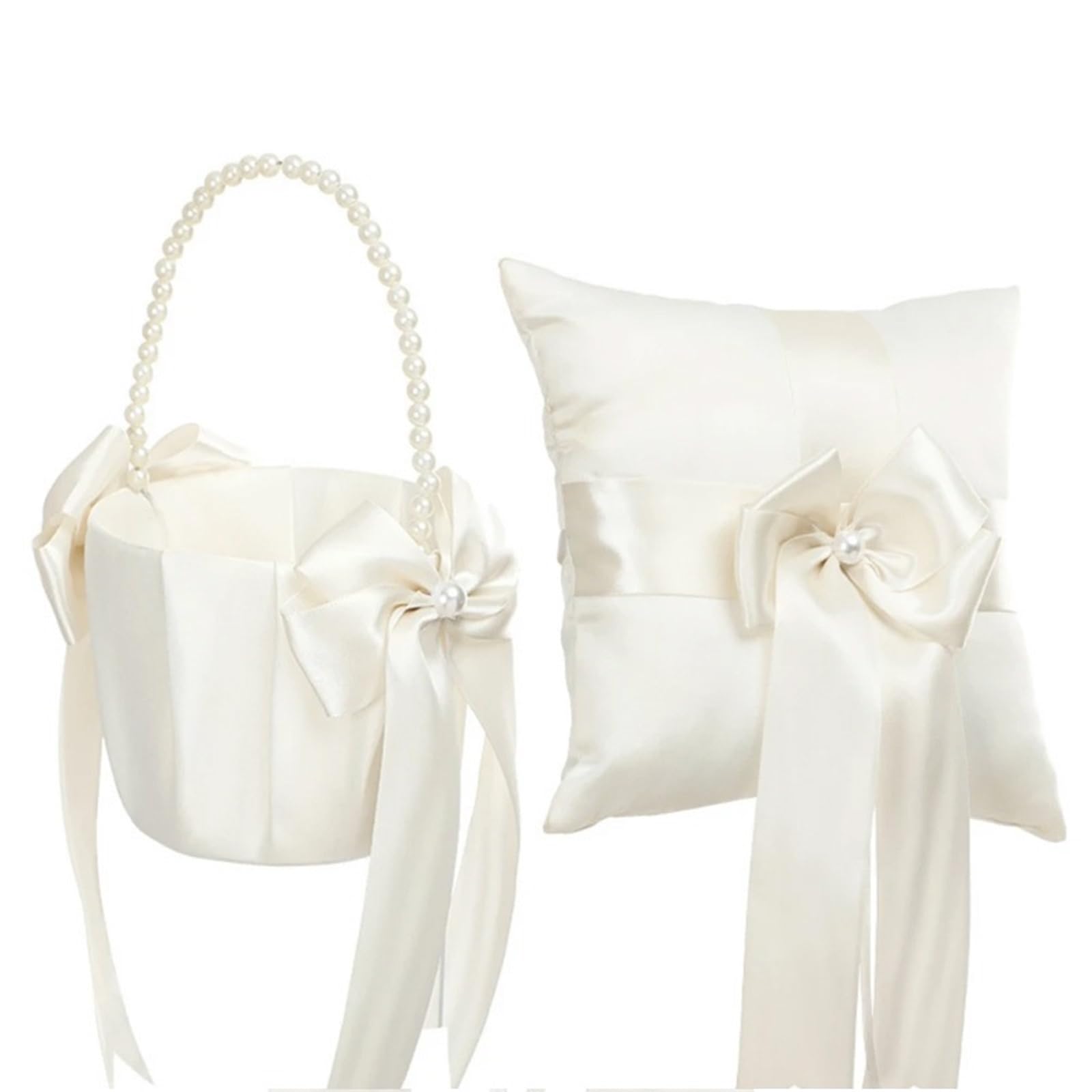 CGRSDSD Ring Bearer Pillow Flower Girl Basket Ring Bearer Pillow Set White Romantic Satin Bow Pearls Ring Pillow For Bride/Kid Wedding Ceremony Party Decor(Set)