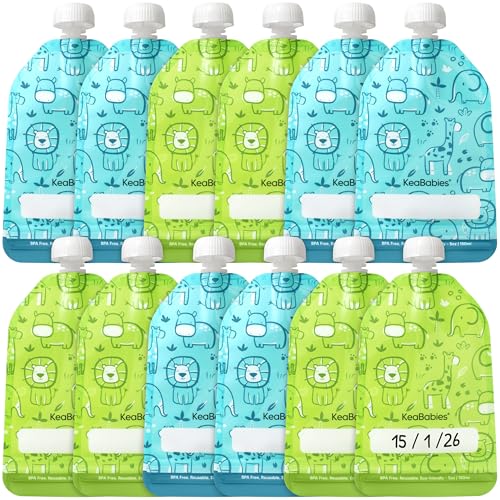 12-Pack Reusable Baby Food Pouches Refillable 5oz Reusable Pouches for Toddlers Kids Squeezable Yogurt Apple Sauce Fruit Smoothie Baby Puree Container Homemade Baby Food Essentials (Little Zoo)