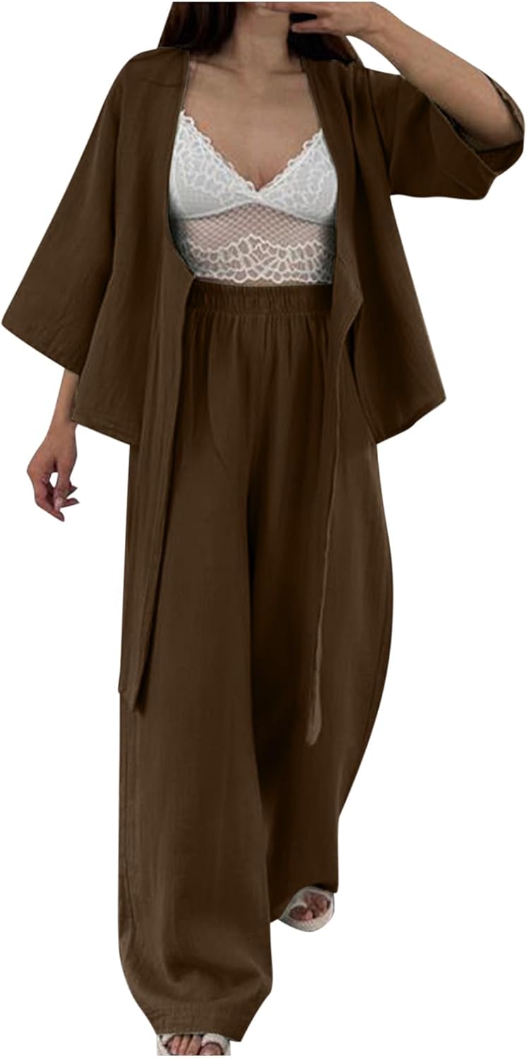 2 Piece Sets for Women Summer Vacation Outfits Tie Knot Open Front 3/4 Sleeve Cardigans Wide Leg Pants Beach Outfit