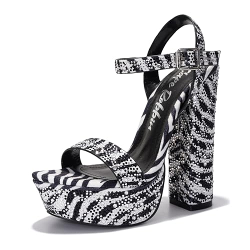 Cape Robbin Women's Rhinestone Platform Heels - 5.5-inch Heel with 1.5-inch Platform - Memory Foam Cushioned Ankle Strap Sandals - Dressy Chunky High Heels for Women Footwear (Rosss) Zebra 8.5