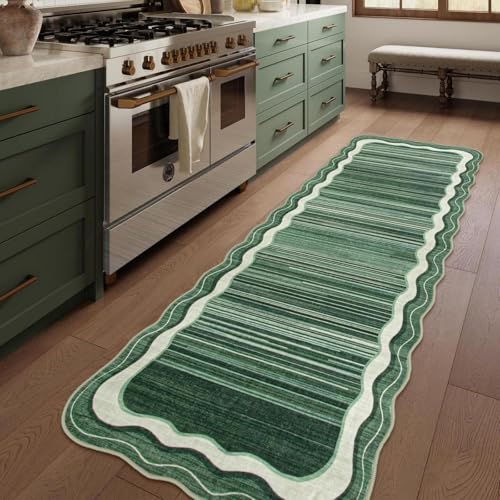 Lahome Green Kitchen Runner Rugs Non Skid Washable,Soft 2'6"x8' Hallway Runner Rug Bathroom Runner,Modern Abstract Stain Resistance Soft Low-Pile Indoor Carpet Runner for Entryway Foyer(Gree