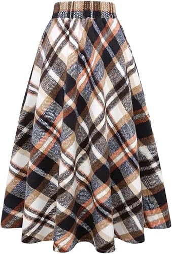 Women's Long Plaid Wool Skirt Fall Winter High Waist A-line Pleated Wool Tartan Skirts2
