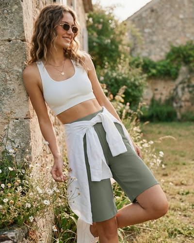 G4Free Long Bermuda Shorts for Women 10'' High Waisted Wide Leg with Yoga Waistband and Tailored Look for Work (Gray Olive,XL) — view 2