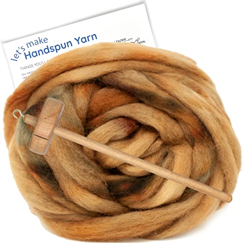Learn to Spin Yarn - Beginner's Spinning Kit Includes Drop Spindle, Hand Dyed BFL Wool Roving and Printed Instructions with Video. Color: Old Gold