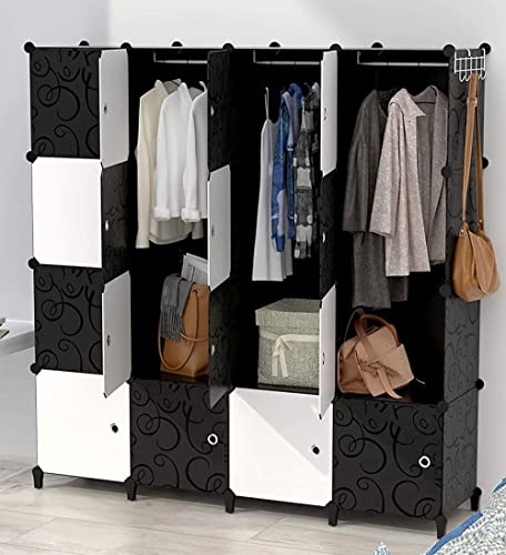HOMIDEC Armario Modular de 16 Cubos, Guardarropa portátil con 3 Barra para Colgar Ropa