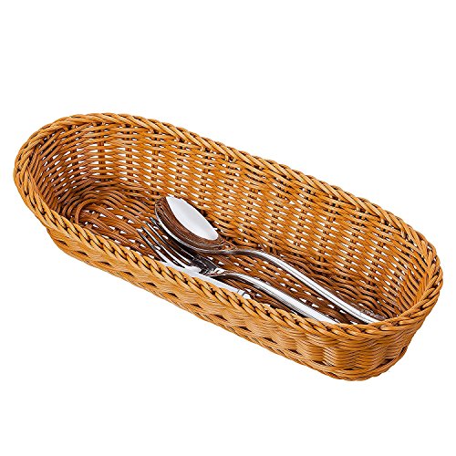 Make It Fun 2 Set 14.5" Poly-Wicker Bread Basket, Long Woven Tabletop Food Serving Basket, Honey Brown - Set Of 2 #TOP1