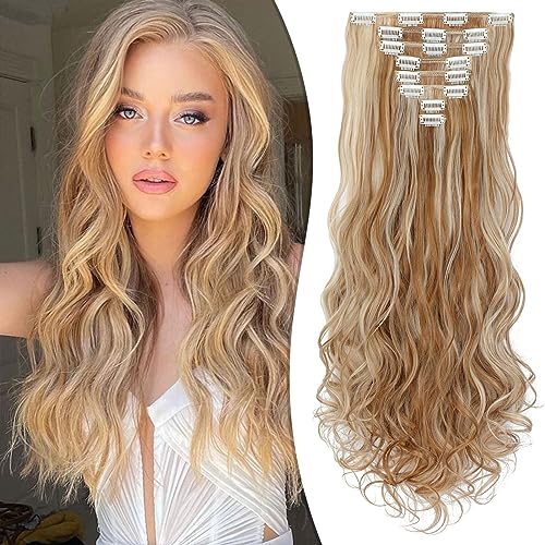 Fanguilar Clip in Hair Extensions 24 Inch 8PCS Ginger Brown Mix Bleach Blonde Long Wavy Synthetic Hair Extensions Clip ins Thick Double Weft Hair Clip Extensions for Women
