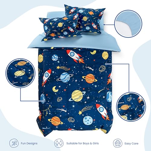 Image of SANDJEST Outer Space Comforter Set Full Size 98x86in for Kids Boys, Microfiber 4 Pcs Bedding Set Includes 1 Comforter, 2 Pillowcases, 1 Fitted Sheet, Nursery Room Decor