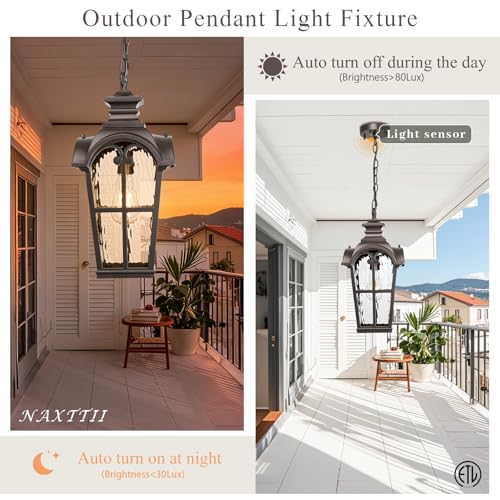 Image of 18.5 Inch Large Outdoor Pendant Lights Waterproof Aluminum Hanging Lantern Light with Water Ripple Glass Oil Rubbed Bronze Outdoor Chandelier for Porch Yard Gazebo