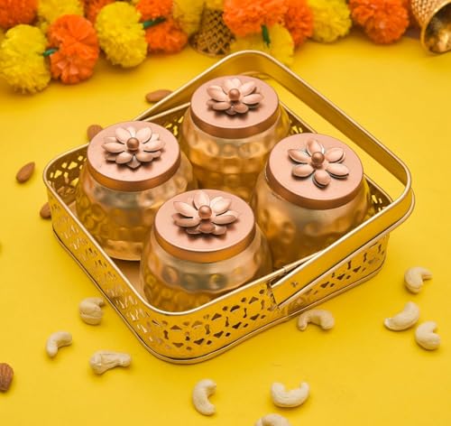 Image of Sanvatsar Square Shape Metal Basket with Jar Tray 4 Copper Flower Container Dry Fruits Chocolate Sweets Candys Gifts Set for Office, Home Decor Table Decoration Item (Pack of 4)