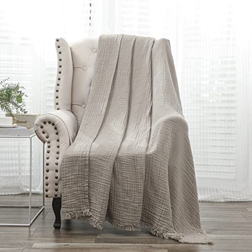 Beoty Lake Muslin Cotton Throw Blanket For Adults Kids And Toddlers, Breathable 4 Layers 100% Cotton Blanket For All Season/Cozy Soft Throw Blanket 80''×60'' Large Size For Bed, Couch -(Light Tan) #TOP5