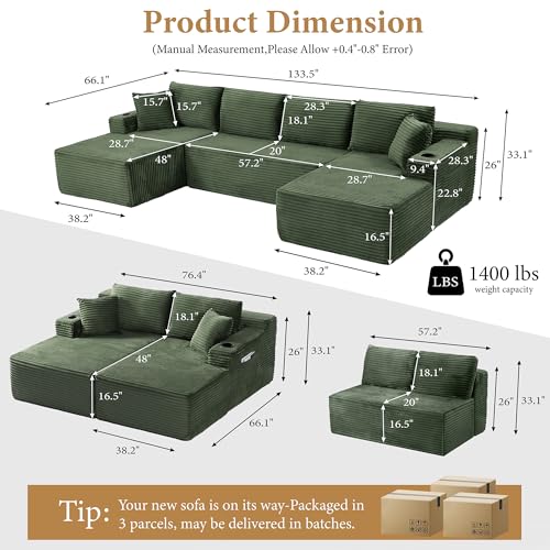 Image of 96 inch Sectional Couches for Living Room Cloud Couch Sofa with L-Shape Upholstered Boneless Couchs Modern Modular Sectional Couch with Chaise (Green, 133 inch W+U Facing Chaise)