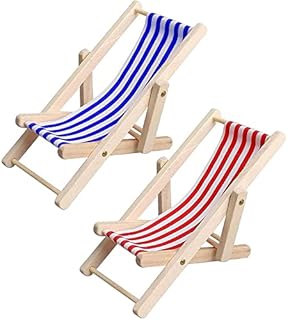 pengxiaomei 2 pcs Mini Beach Chair, Mini Wooden Chair Beach Chair Model Mini Foldable Beach Chair Mini Furniture Accessories with Red/ Blue Stripe for Dollhouse Garden Accessory