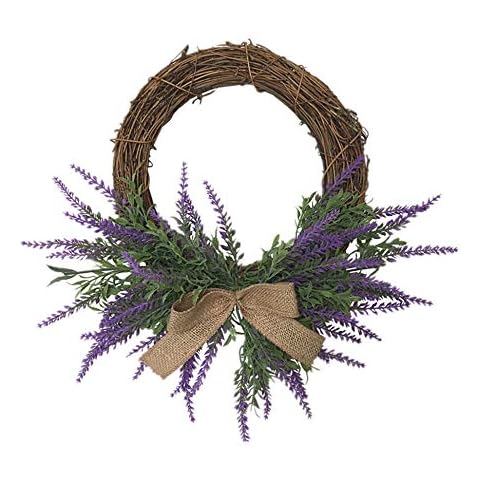 Warooma Artificial Spring Lavender Wreath with Bow,32.5cm Purple Flower Garland Farmhouse Arrangements Front Door Hanging Wall Home Wedding Decoration Cover