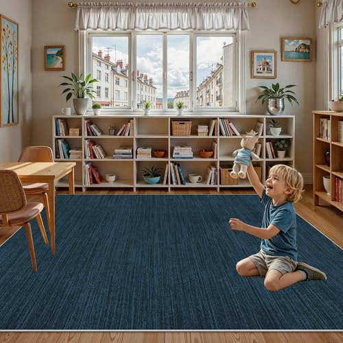 Tapis de salon bleu moderne 200 x 270 cm lavable et antidérapant - 5