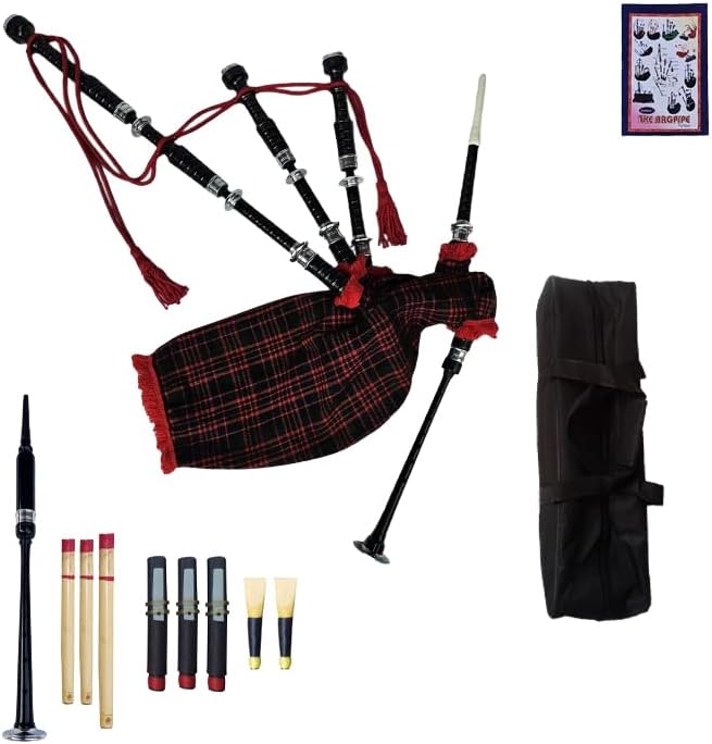 Highland Bagpipes – MacDonald Tartan Great Highland Bagpipes with Silver Mounts, Full Drone Set, Practice Reeds, Tutor Book, Blowpipe, Carry Case – Authentic Scottish Bagpipe