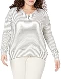 Daily Ritual Women's Supersoft Terry Long-Sleeve Deep V-Neck Shirt, White-Black Skinny Stripe, Large