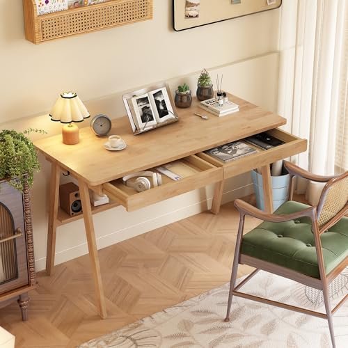 Solid Wood Desk with Drawers and Storage Shelf