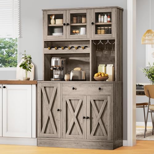 DWVO 71''H Kitchen Pantry Cabinet with Drawer, Doors, Goblet Holder, Wine Rack for Storage, Pantry Cabinet with Power Outlet for Kitchen & Living Room (Grey Oak)