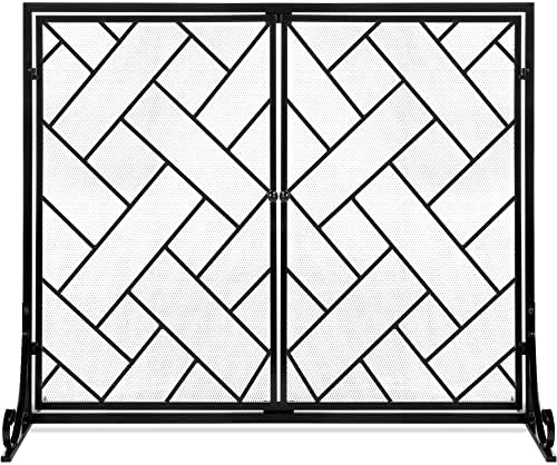 Best Choice Products 44x33in 2-Panel Handcrafted Wrought Iron Decorative Mesh Geometric Fireplace Screen, Fire Spark Guard w/Magnetic Doors - Black
