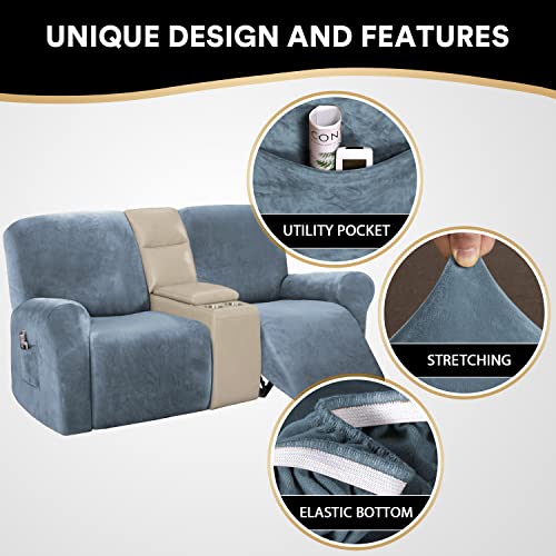Velvet Recliner Loveseat Cover Stretch Reclining Couch Covers For 2 Cushion Reclining Sofa Slipcovers Furniture Covers Washable Furniture Protector With Side Pocket For Pets,Kids, Stone Blue #TOP4