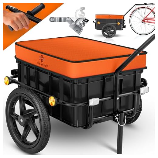 KESSER® Fahrradanhänger, Lastenanhänger, Handwagen mit Kupplung, Hochdeichsel, für Fahrrad Transportanhänger Transportbox mit 70 Liter Volumen, Max. 60kg, + Zubehör für Fahrräder mit 26-28, Orange