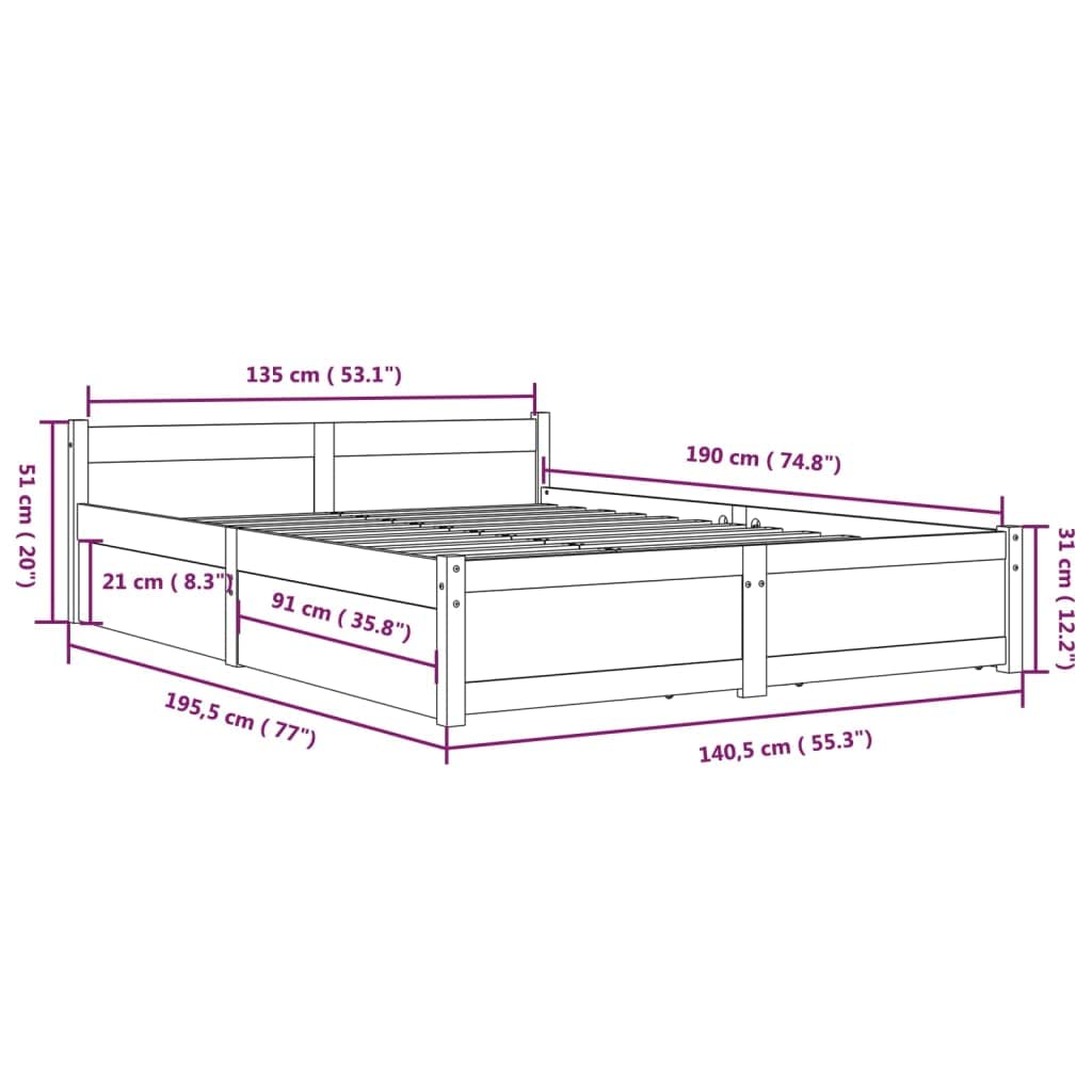 vidaXL Estructura de Cama con Cajones Matrimonial Somier Dormitorio Base Habitación Muebles Mobiliario Hogar Cuarto Descanso Doble 135x190 cm