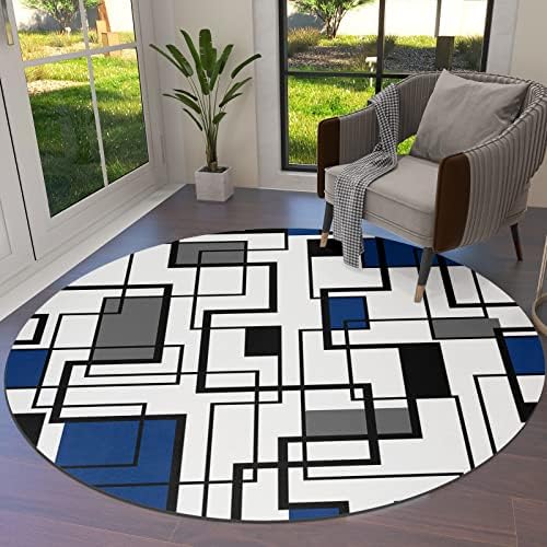 Geometric Middle Century Abstract Round Area Rug 6ft,Washable Outdoor Indoor Carpet Runner Rug for Bedroom,Kitchen,Bathroom,Living Room,Blue Black Modern Art Area+Rug Large Bath Door Desk Floor Mat