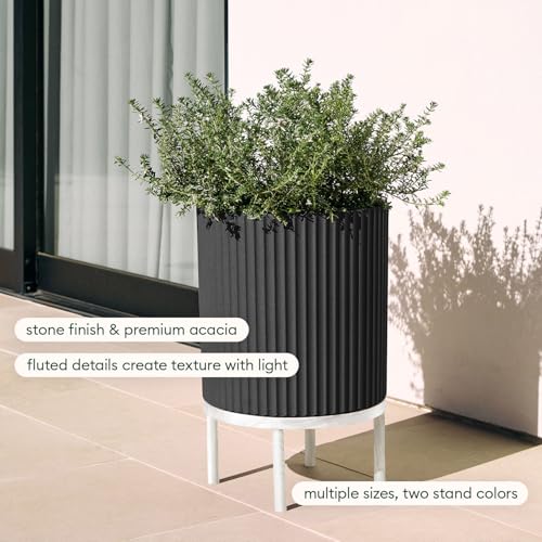 Image of Veradek Demi Series Raised Planter - Round Planter with Stand | Made From a Durable Plastic-Stone Composite & Comes With Wooden Stand. Modern Porch /Patio Decor