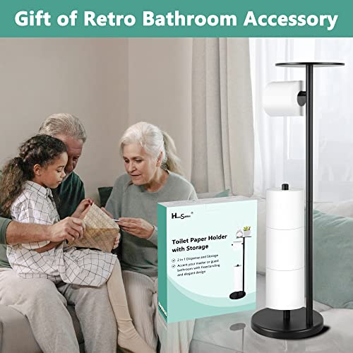 Toilet Paper Holder Stand With Phone Shelf, Matte Black Free Standing Toilet Paper Holder With Storage Dispenser For Tissue Rolls Jumbo Mega, Bathroom Rv, Housen Solutions #TOP6