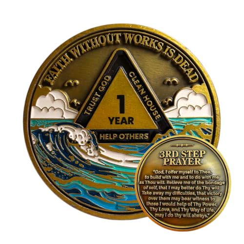 1 Year Waves Sobriety Coin - Third Step Prayer AA Medallion Premium Recovery Token for Anniversaries Sponsor & Sponsee Gifts One Year Sober Milestone Chip for Women and Men