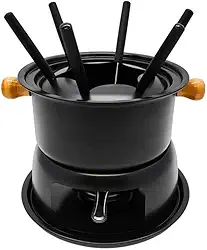 Conjunto de Fondue para 6 Pessoas, Metal e Madeira, 11 Peças, Preto, 1,7L, Base com Suporte, Garfos Personalizados, Queimador, Disco Protetor Queijos Chocolates Carnes Frutas Jantares Românticos