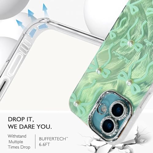 Image of VONZEE Compatible with iPhone 16 6.1'' Case Luxury Pink Girly Cute 3D Bow Pearl Glitter Bling Case with Full Camera Protection Shockproof PC+TPU Glossy Shiny Cover for Girls Women, Green