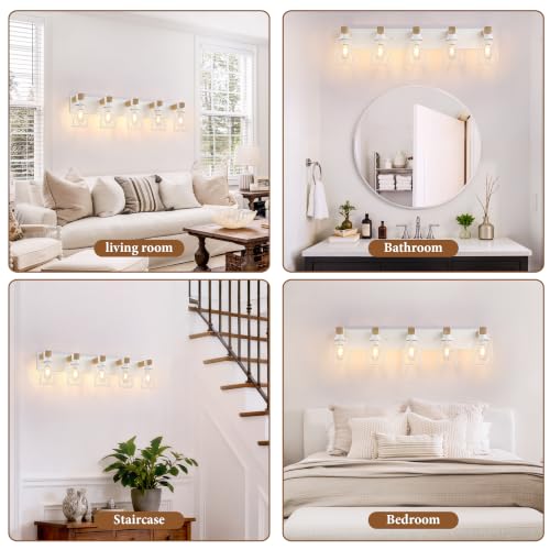 Image of Farmhouse 5-Light Wood Bathroom Vanity Light, White Metal Cage Shade | Mounted Over Mirror, Industrial Rustic Style, Ideal for Bathroom, Bedroom, Hallway & Living Room, Easy To Install