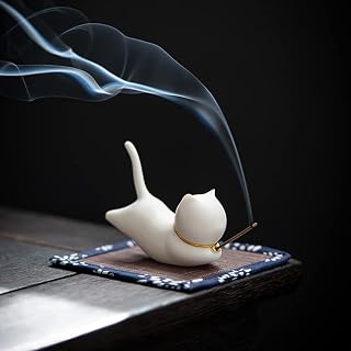 Cat Incense Stick Holder with A Mat and 1 box Incense Stick Cute Ceramic Incense Burner for Stick Incense Ash Catcher for Home,Office,Yoga Meditation Stress Relief Gift for Cat Lovers (White Cute Cat)