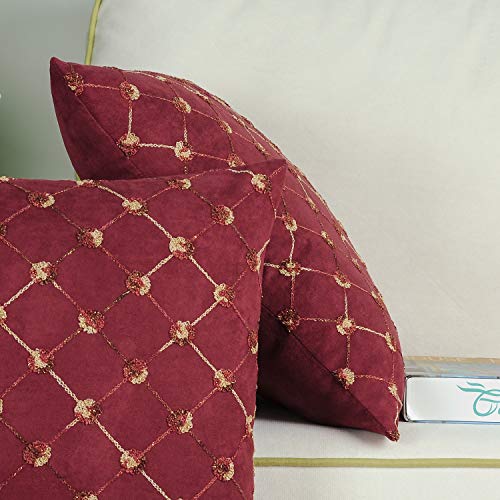 Calitime Pack Of 2 Supersoft Throw Pillow Covers Cases For Couch Bed Sofa Decor Modern Diamonds Shape Trellis Geometric Chain Embroidered 18 X 18 Inches Dark Red #TOP4