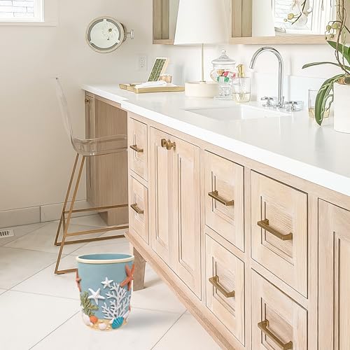 Image of Seaside Splendor Wastebasket - Starfish Seashells Resin Ocean Trash Bin | Premium 3D beach bathroom or guest bath small container, coastal decorative garbage can basket for bedroom, office vanity