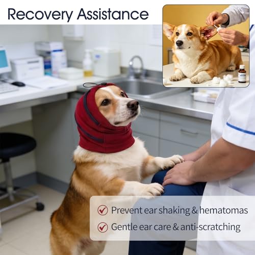 Image of IECOii Small Ear Wrap Dog Ear Cover for Noise Protecion(Red,Small) | Doggie Calming Hoodie for Anxiety Relief in Thunder Firework Breathable Soft No Shake Adjustable Patches for Dogs Hematoma
