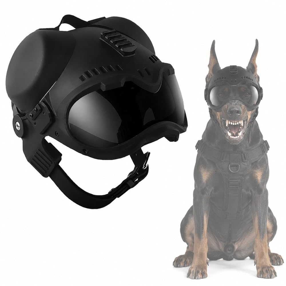 Tactical Dog Helmet With Goggles For German Shepherd, Belgian Malinois & Medium Large Dogs, Adjustable Pet Helmet, Removable Ear Covers, EVA Padding, Top Rail