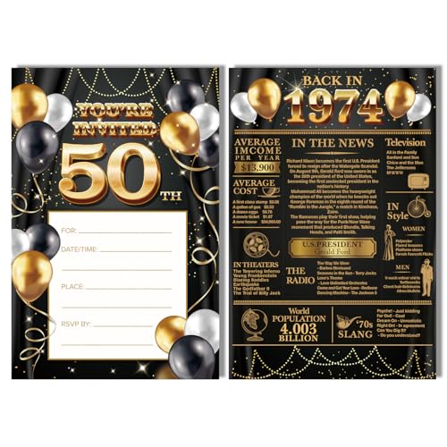Yigaue Biglietto di invito per 50° compleanno in lamina d'oro reale, Back in 1973, inviti per 50° compleanno nero e oro glitterato, set per anniversario di compleanno, 20 inviti e buste