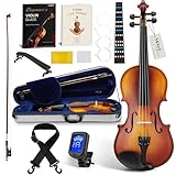 AKLOT Handcrafted Full Size Violin: Solid Wood Matte Fiddle, Acoustic Beginner 4/4 Violin Kit with Hard Case, Lesson Book, Bow, Shoulder Rest, Extra Strings, Tuner, Fretboard Stickers (VRT-AmiCS)