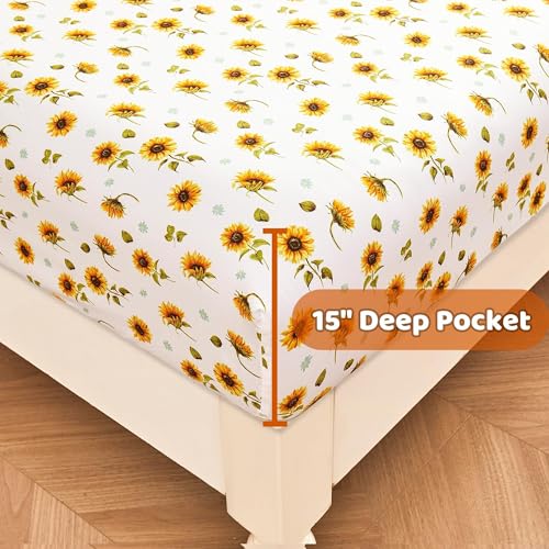 Image of Softan Floral Sheet Set Queen, Sunflower Printed Bed Sheets Queen, Cozy Double Brushed Microfiber Fitted Sheet with 15 inch Deep Pocket and Corner Straps, Cute Yellow Flower Sheet & Pillowcase Sets