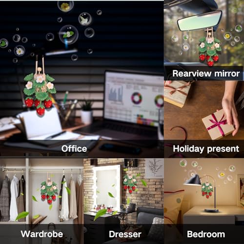 Image of ROFIGL Handmade Crochet Hanging Car Air Freshener - Cute Strawberry Plant Design, 12ml Refillable Thick Glass Bottle, Car Diffuser for Rearview Mirror, Home & Office Decor
