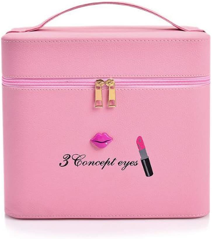 Pu Leather Makeup Storage Box With Mirror | 4 Layer Travel Vanity Bag | Multi Compartment Cosmetic Bag Display Organizer For Lipstick Nailpolish | Make-Up Brushes Holder(Pink) 18 Cms