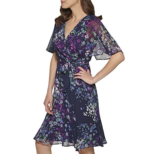Dkny Women's Fit And Flare V Neck Cape Sleeve Dress, Mdnght/Bl Lgoon, 16 #TOP1