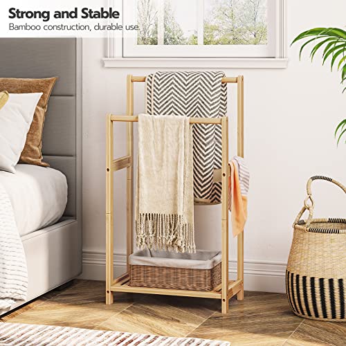 HOOBRO Freestanding Towel Rack for Bathroom, 2 Tier Decorative Bamboo Blanket Rack, Quilt Display Stand with Storage Shelf, 16.5" L x 9.4" W x 30.5" H, Bedroom, Living Room, Natural Color YL02LB01 by HOOBRO - Image 2
