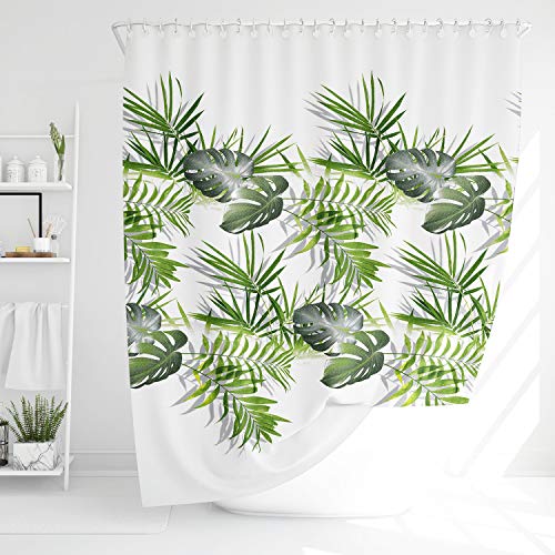 ANSIO Shower Curtain Mould and Mildew Resistant 180 x 180 cm (71 x 71 Inch) | Water Repellant Fabric | 100% Polyester - Leaf Pattern - Palm Green