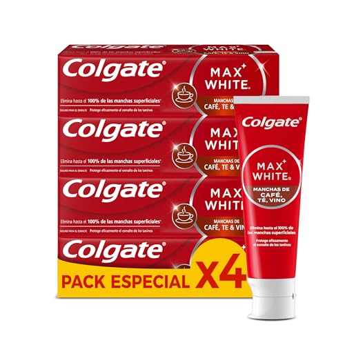 Miniatura 7 de Colgate Pasta de dientes blanqueadora Max White For Coffee 4 x 75ml, Tea & Wine, elimina hasta el 100% de las manchas superficiales, protege el esmalte de los taninos, segura para el esmalte